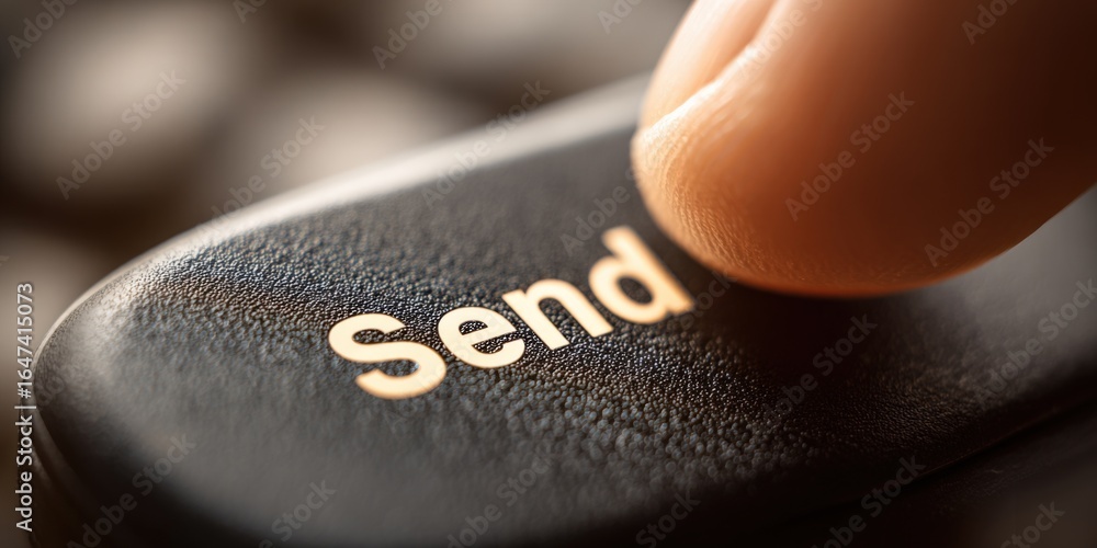 Poster finger pressing a send button on a keyboard, representing email, message, or data transmission