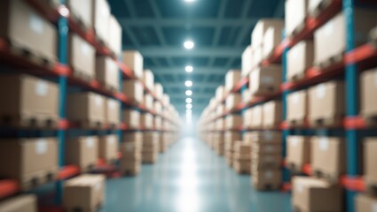 Obraz premium Warehouse storage with shelves filled with boxes and packages. Logistics, inventory, and supply chain concept. Storage facility and organizational system.