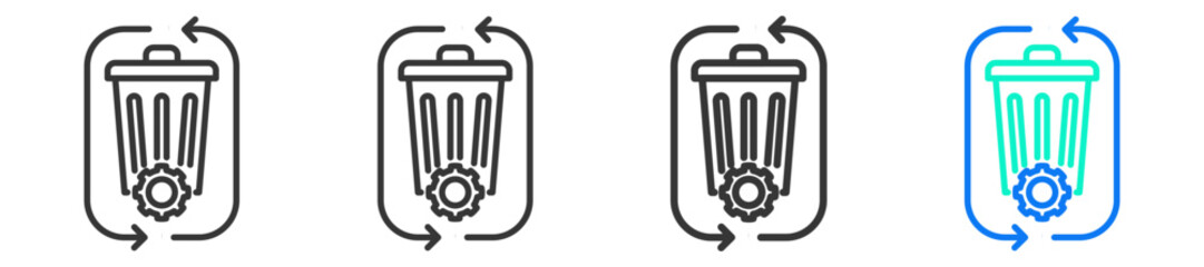 Waste Management Icon Set Collection in Creative Outline Style for Business Featuring Multiple Thickness Variations Perfect for Recycling Composting Renewable Energy Zero Waste and Sustainable Design 