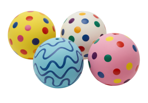 Four distinct, smooth ceramic spheres with colorful hand-painted patterns, clustered on transparent, soft studio lighting. Concept of artistic creativity and joy