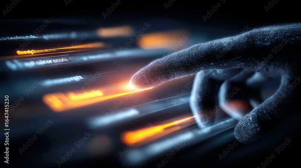 Poster data stream interaction: close-up of finger activating futuristic interface with glowing lines