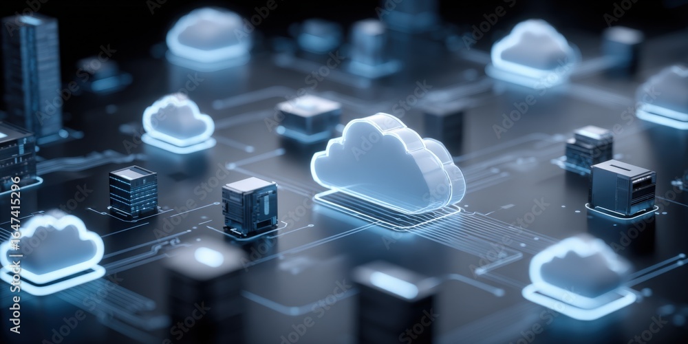 Poster cloud computing network illustration: data storage and server connections for modern technology infr
