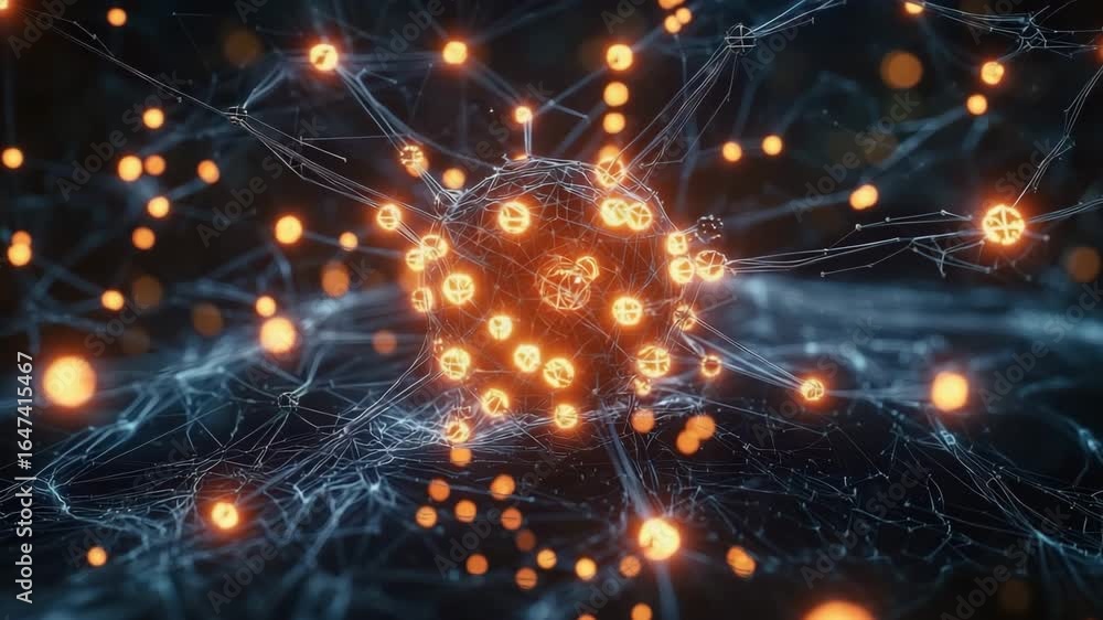 Poster neural network glowing orange nodes connected by thin blue lines in dark digital environment illustr