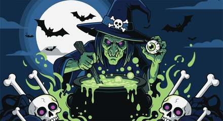 Spooky Halloween witch making a magic potion