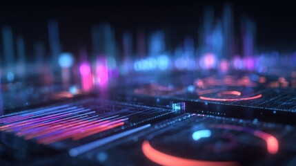 Abstract futuristic technology background with glowing circuit board and digital data visualization for hi-tech innovation