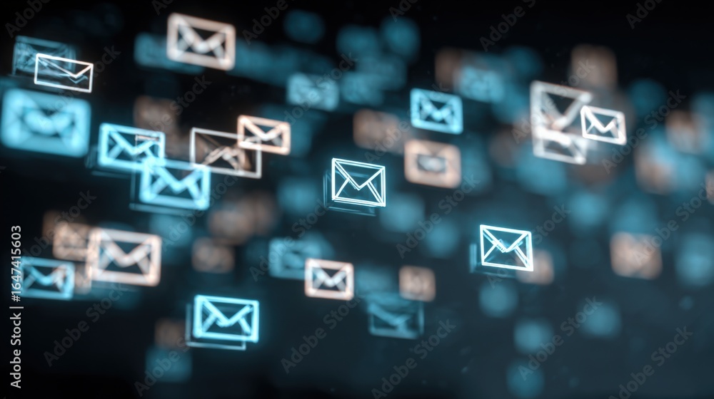 Poster digital email communication: abstract background of floating message icons for business and marketin