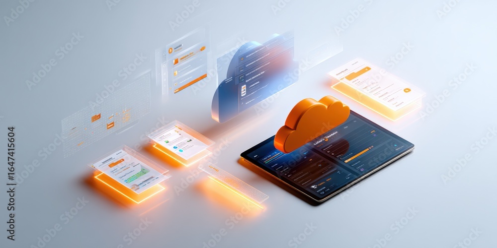 Poster cloud computing technology concept with tablet, interface elements and modern design for digital bus