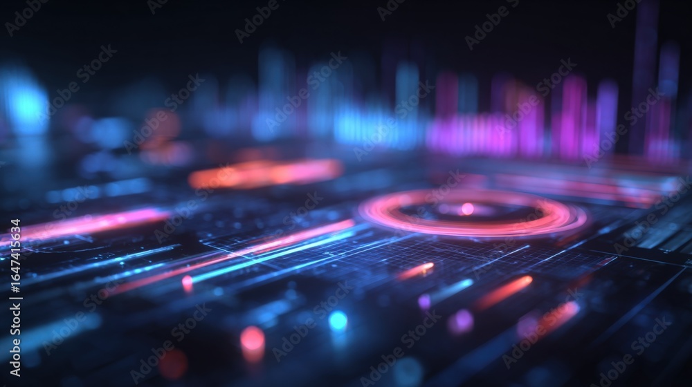 Poster abstract futuristic technology background with glowing neon lights and circuit board patterns, ideal