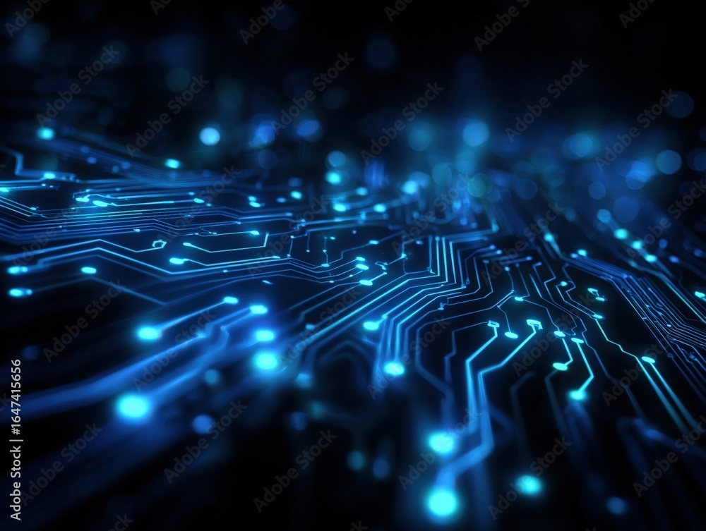 Poster abstract circuit board design with glowing traces for technology and data concepts