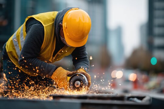 Construction worker wearing safety equipment using angle grinder to cut metal, producing bright sparks, with blurred urban background suggesting a busy construction site