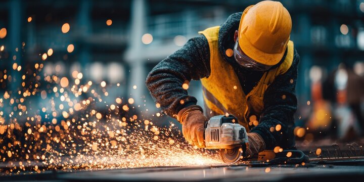 Industrial worker wearing safety equipment using an angle grinder cutting metal, creating a shower of bright sparks in a blurred industrial environment