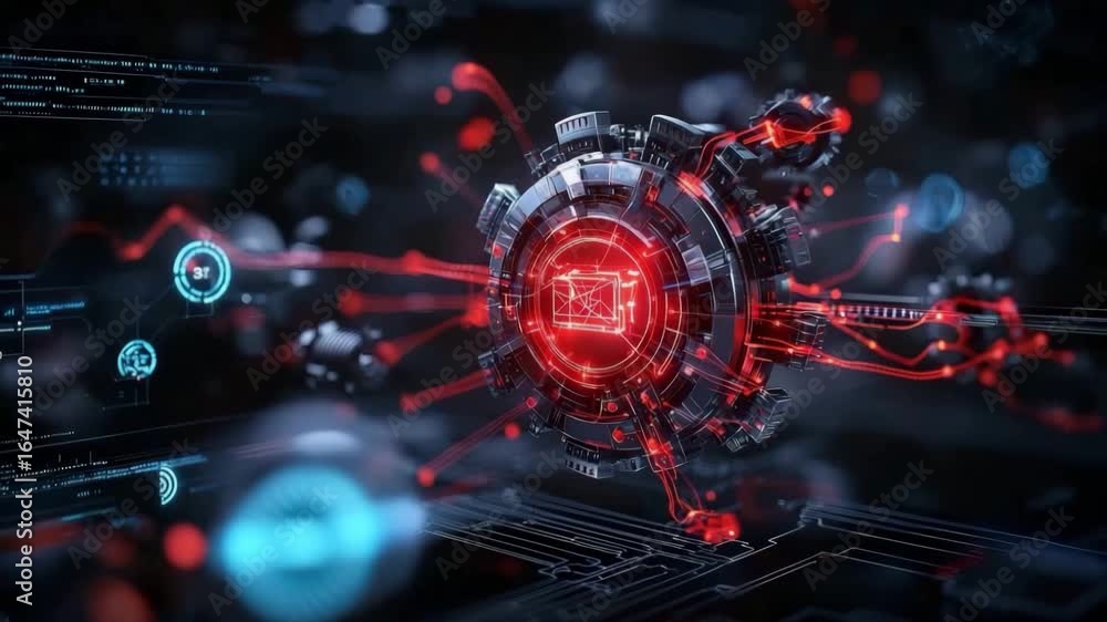 Aufkleber futuristic digital technology with glowing red and blue circuit elements creating cybernetic atmosph
