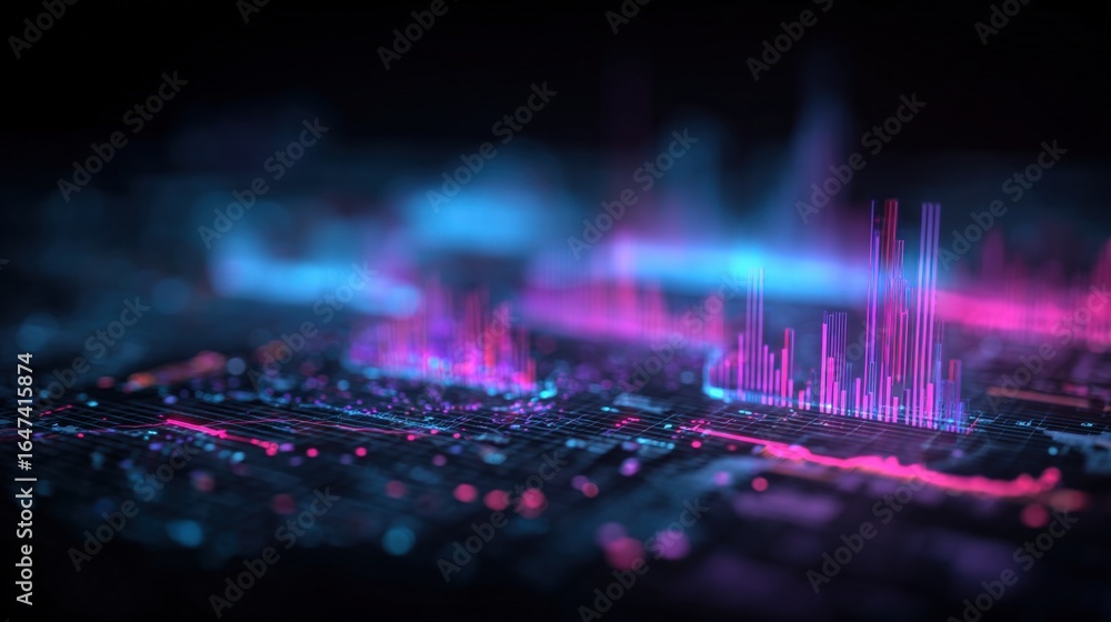 Poster abstract data visualization with glowing lines: modern technology background for data analysis and s