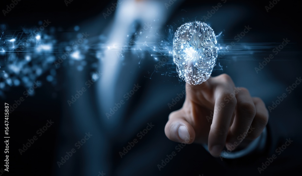Poster digital biometric authentication: man touching futuristic fingerprint scan for secure access and ver