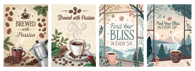 Four artistic coffee-themed illustrations featuring cups, beans, and serene settings that evoke warmth.
