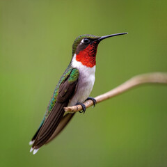 Fototapeta premium Male hummingbird perched on branch with blurred green background 