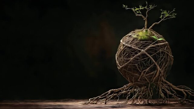 Spherical nest of intertwined branches and roots with small green leaves and small plant symbolizing nature growth and root sphere development