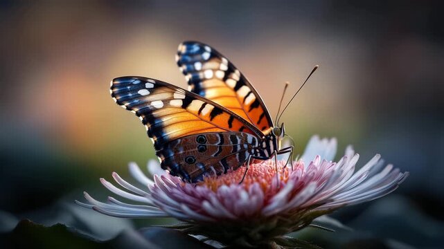 Colorful butterfly with vibrant wings perched pink flower close up, insect nature showcasing delicate patterns and soft blurred background beauty