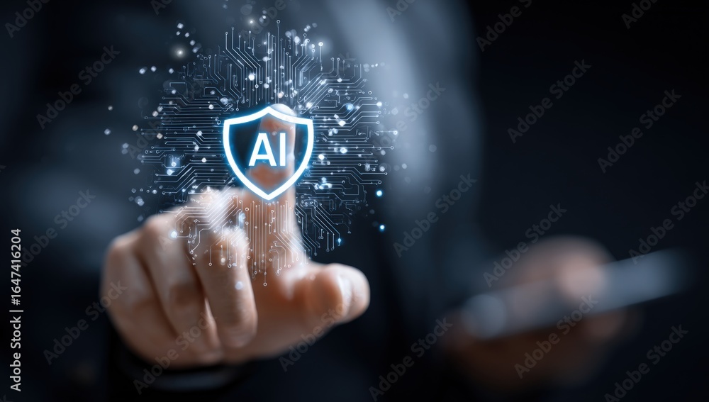 Poster artificial intelligence security concept with shield icon and circuit board overlay, touching screen