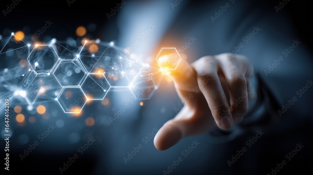 Poster abstract technology background with person touching digital interface representing innovation and fu