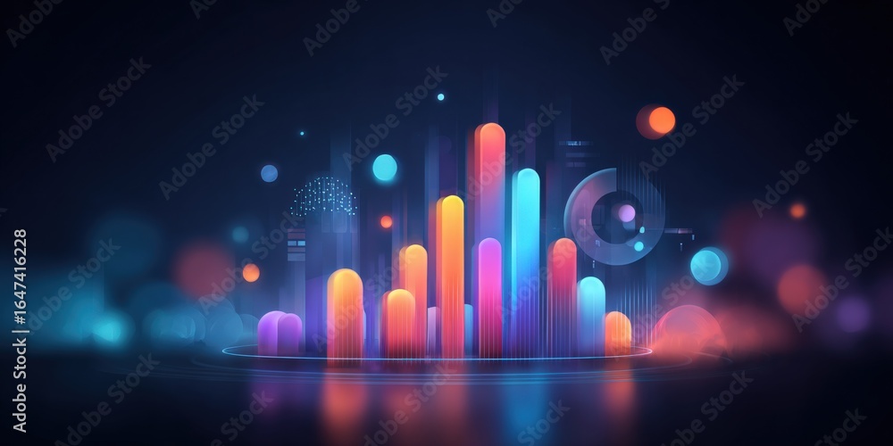 Poster abstract colorful data visualization with glowing bars, charts, and bokeh lights for futuristic pres