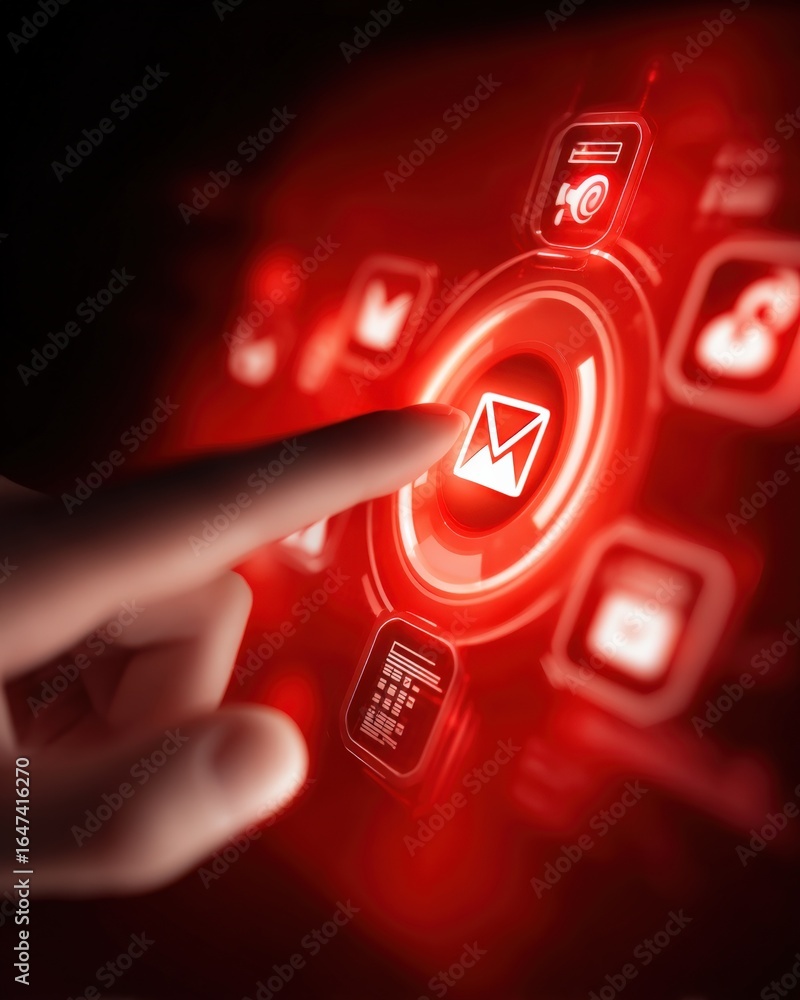 Poster hand touching email icon on digital interface with red illumination, representing communication and 