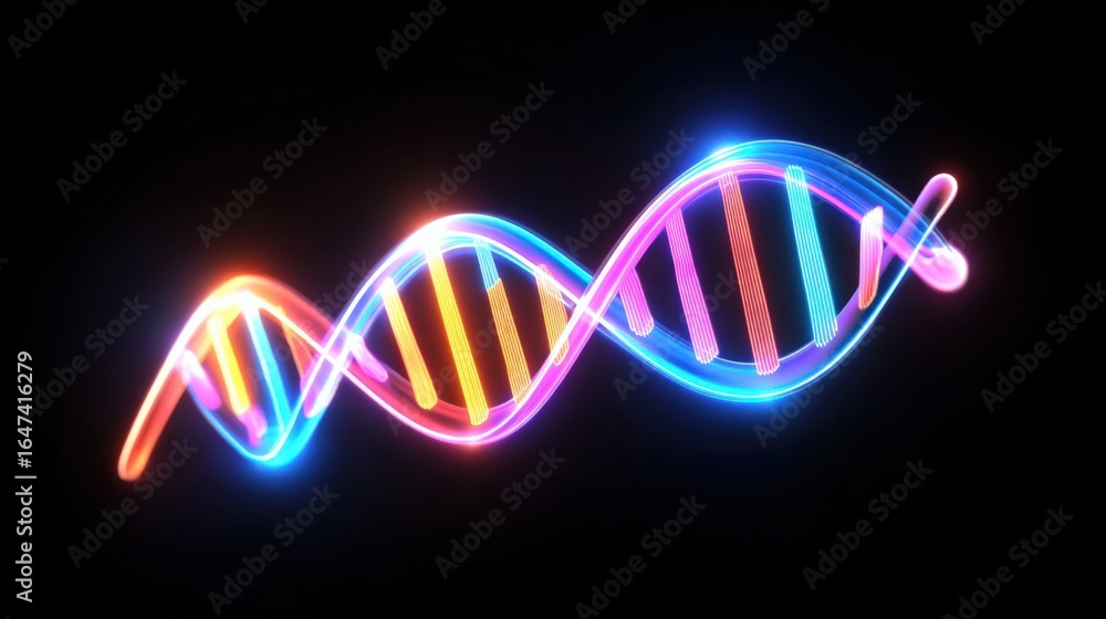 Poster vibrant dna helix render: genetic code visualization with bioluminescent strands on black background