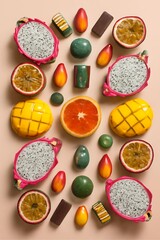 Exotic fruit and artisan chocolates symmetrical flat lay pattern on warm beige backdrop