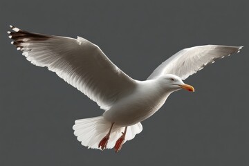 Fototapeta premium Soaring Seagull with Wings Extended, Capturing Freedom and Grace in Flight against a Grey Backdrop