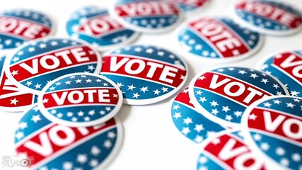A closeup of VOTE campaign buttons, with a focus on the word VOT prominently displayed. The buttons are circular in shape and feature a red and blue color scheme with white stars and stripes.