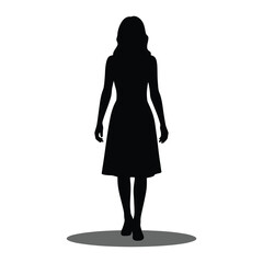 Silhouette of a woman in a knee-length dress with shoulder-length hair, standing upright with shadow on white background, minimal style
