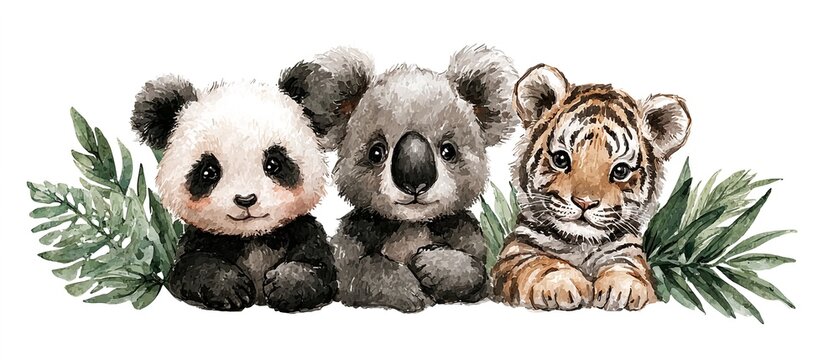 Fototapeta AKWARELOWE MALUCHY: PANDA, KOALA I TYGRYS