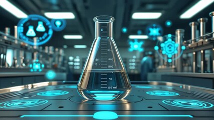 Futuristic laboratory with a transparent glass beaker on a digital interface table surrounded by glowing holographic science icons - Powered by Adobe