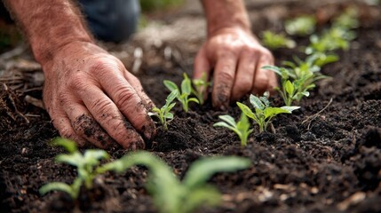 Hands covered in soil gently place young seedlings into the earth, nurturing them for growth during the warm spring season while sunlight enhances the vibrant green leaves