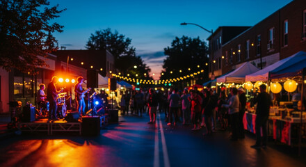 An evening street festival with a live music band on stage and crowds enjoying the event at dusk.