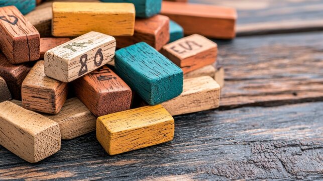 Vibrant Wooden Blocks Pile with Letters Symbols on Dark Brown Wood Texture