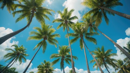 Obraz premium Tropical palm trees from below against a blue sky with clouds, capturing the essence of a sunny and lush environment.
