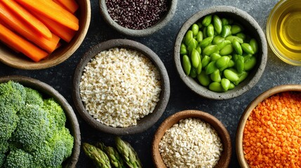 Colorful array of fresh vegetables and grains arranged in bowls on a dark surface. Carrots, broccoli, edamame, lentils, and sesame seeds highlight healthy meal options