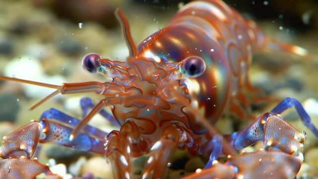 Detailed close-up of a vibrant, patterned freshwater crustacean on rocky substrate, showcasing striking colors underwater.