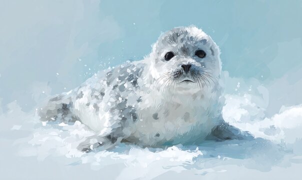 UROCZE SZCZENIĘ FOKI NA ŚNIEGU - AKWARELA