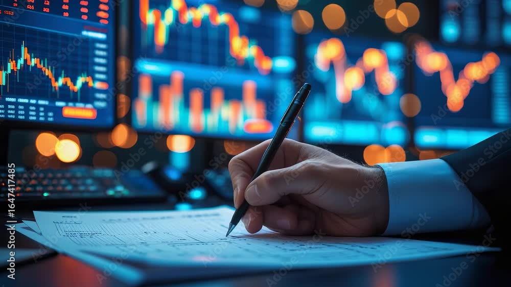 Poster close up of hand writing financial data on paper with multiple digital stock market charts and glowi