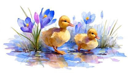 Naklejka premium UROCZE KACZĄTKA W AKWARELI PRZY STAWIE