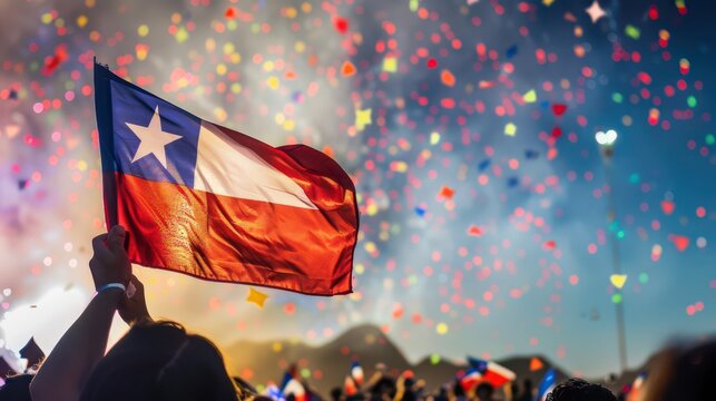 Chile independence day celebration with national flag and festive atmosphere. Horizontal banner. Copy space. Chile National Day. Flag of Chile and fireworks