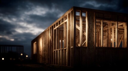 Fototapeta premium Wooden framework of a modern home under construction at dusk