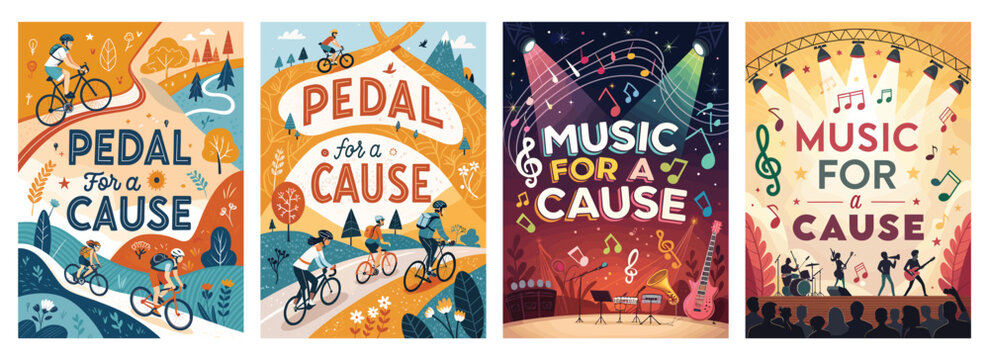 Colorful illustrations promoting cycling and music events for charity. - Powered by Adobe