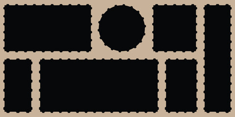 Postage stamp borders set vector illustration. Blank post stamp. Postage frame form, vintage postcard stamp frame with perforated border, mail delivery sticker template, philately element. eps 10