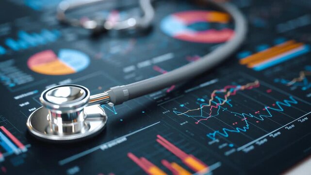 A modern medical stethoscope rests on a tablet displaying digital health data and diagnostic graphs. The image highlights the intersection of traditional medical tools and advanced health technology