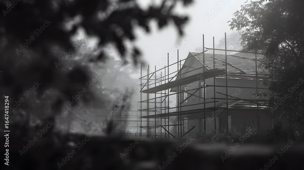 Poster a new home under construction with scaffolding surrounding the structure long title a partially buil