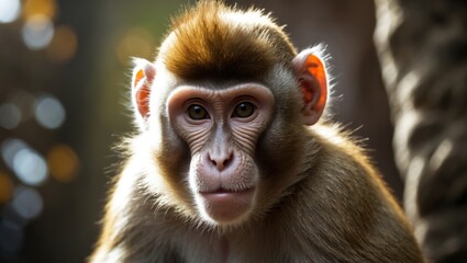 Obraz premium Close-up of a young monkey with expressive eyes, outdoors in natural light. Wildlife and animals, nature, focus on primate's face. Nature photography and mammal portrait.