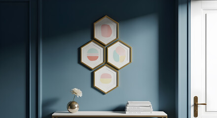 Cluster of three small hexagonal gold frames in a honeycomb arrangement on a pastel navy blue wall. Bold, graphic studio lighting in an entryway.